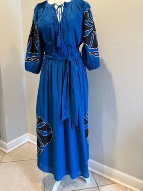 Royal Blue Embroidered Tie-Waist Maxi Dress